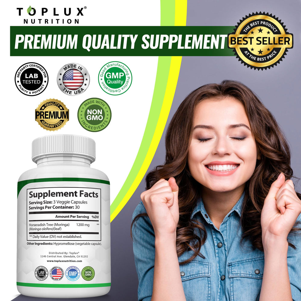 Toplux etiqueta con información y certificación GMP visible