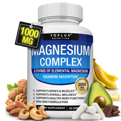Toplux envase frontal del Magnesium Complex 8 mostrando 90 cápsulas y beneficio de fórmula completa
