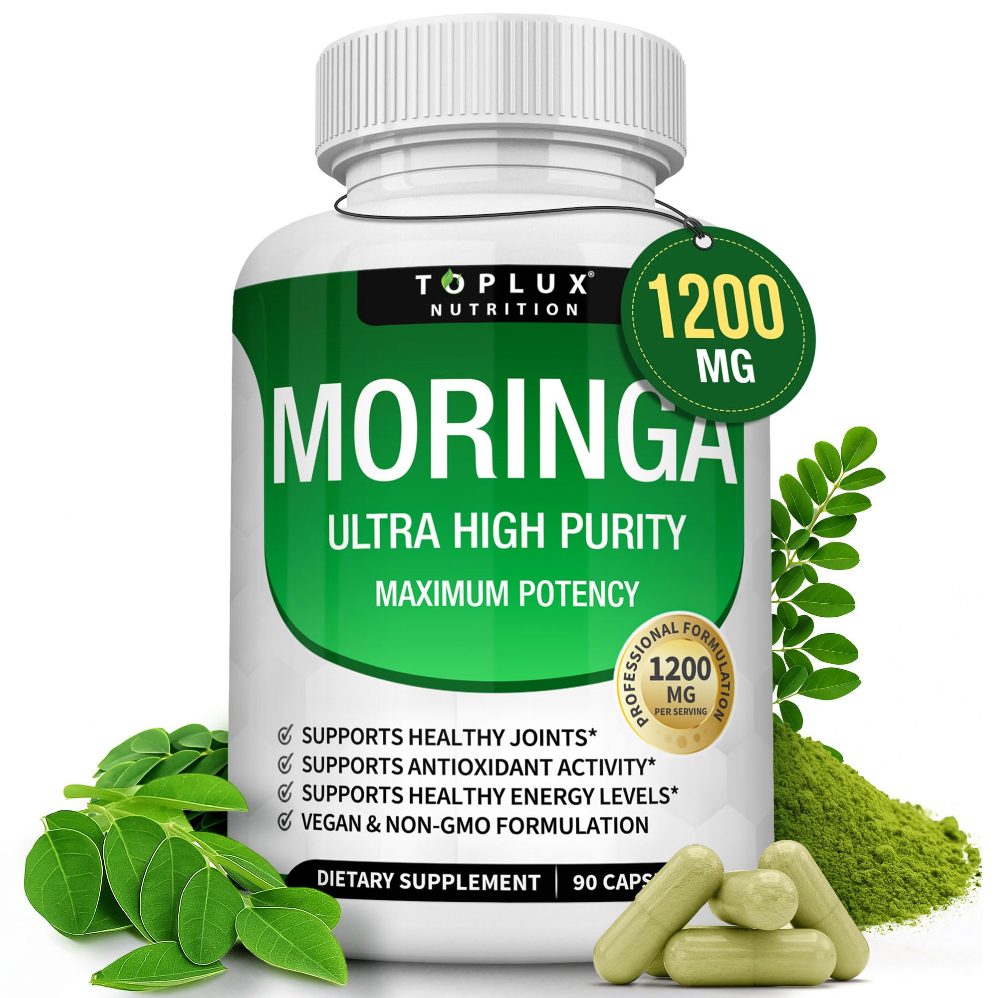 Toplux envase frontal de Moringa 1200 mg mostrando diseño y cantidad