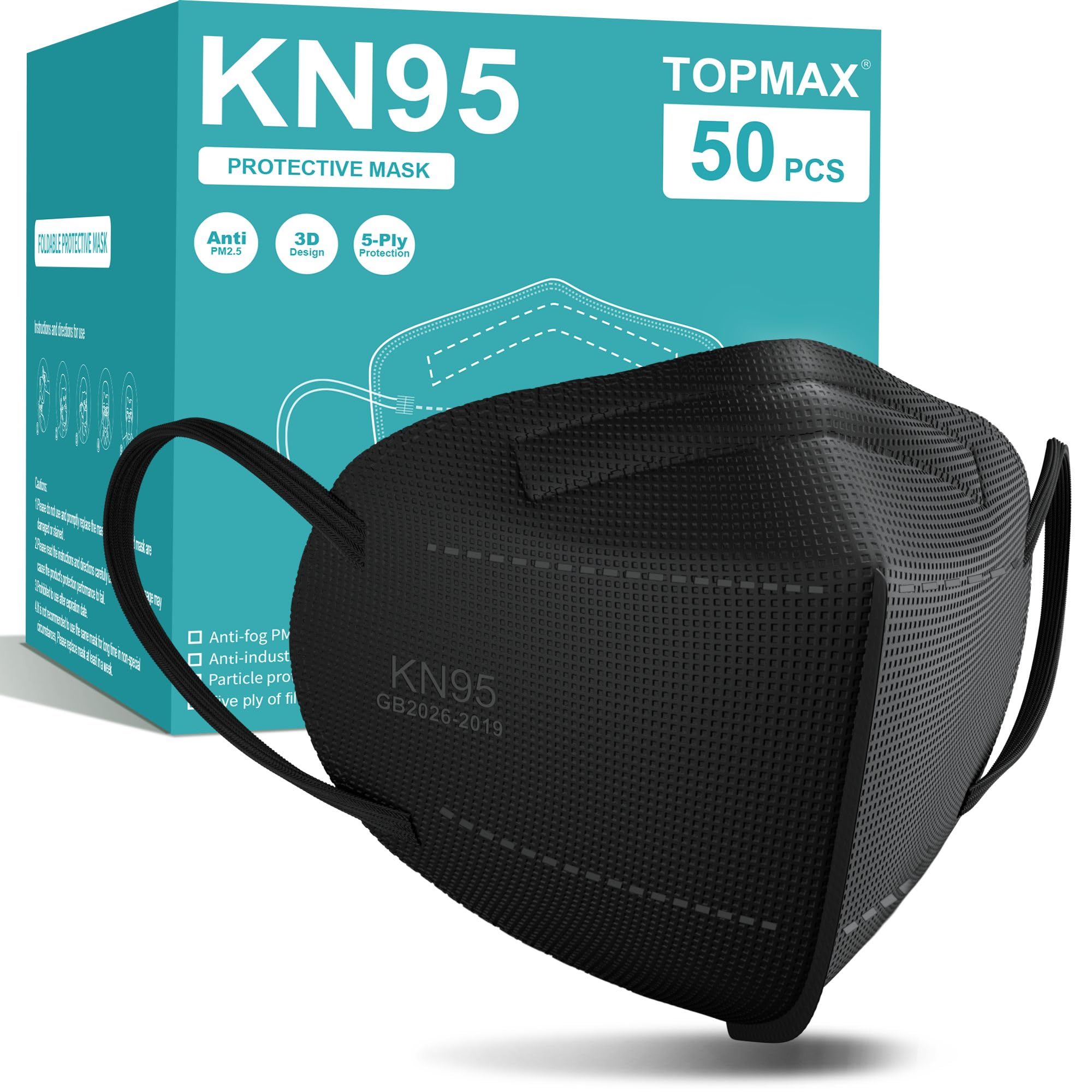 TOPMAX mascarilla KN95 frontal del paquete mostrando diseño de copa y color negro, protección cómoda