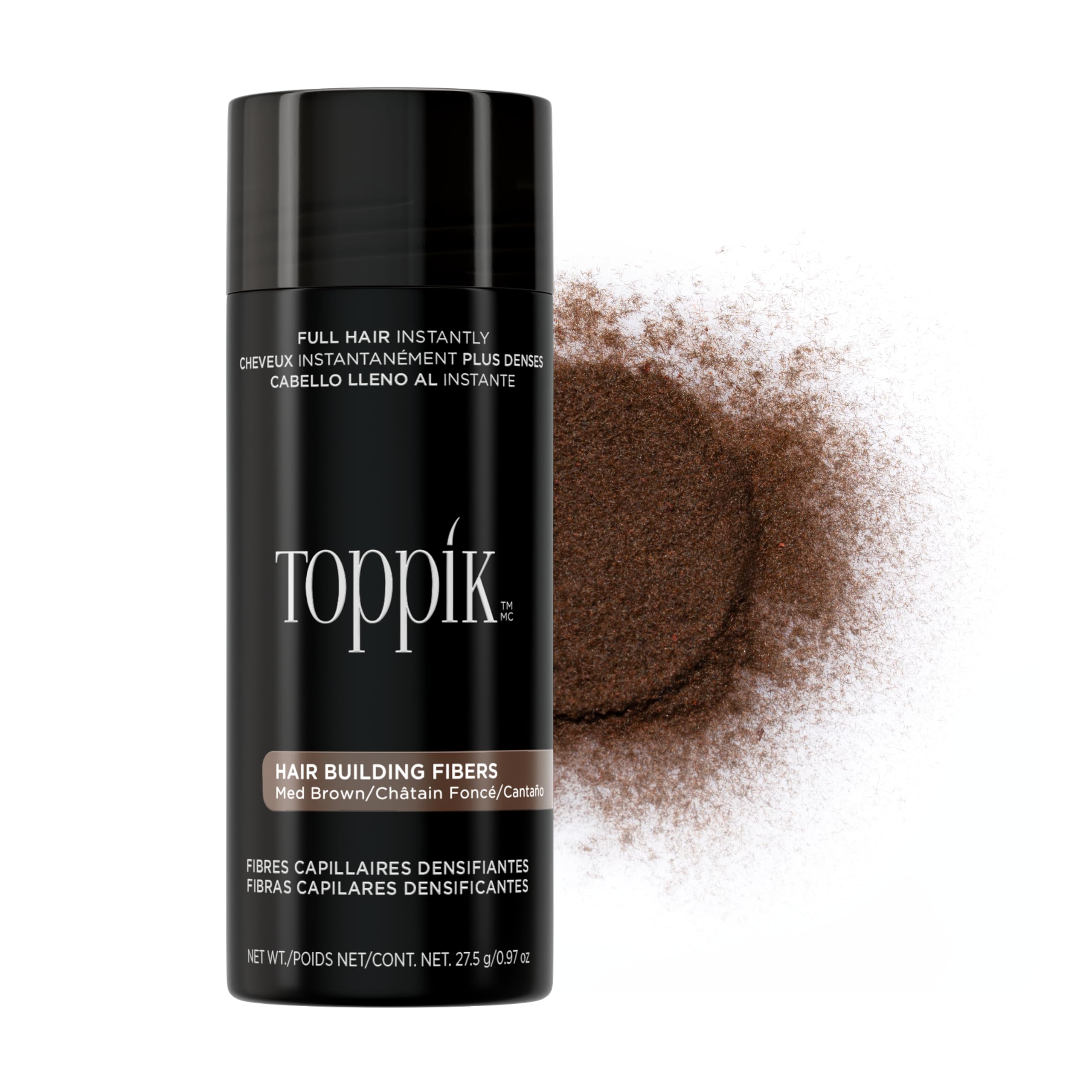 Toppik envase frontal Medium Brown mostrando tamaño y color