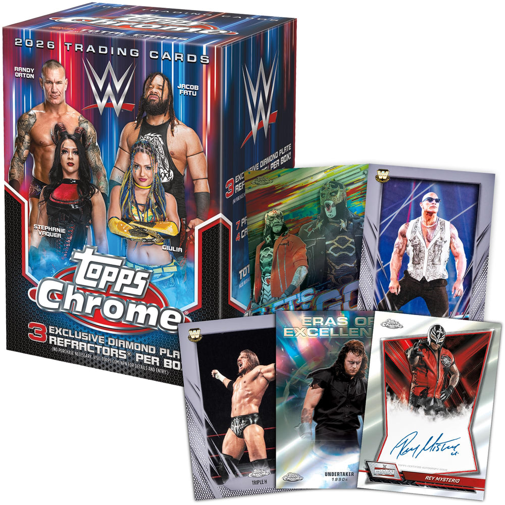 Sobre Topps Chrome WWE en primer plano listo para abrir