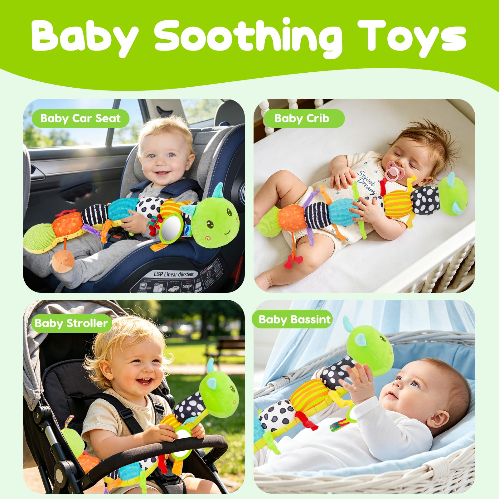 Topsochir oruga sobre alfombra de juego promoviendo tummy time
