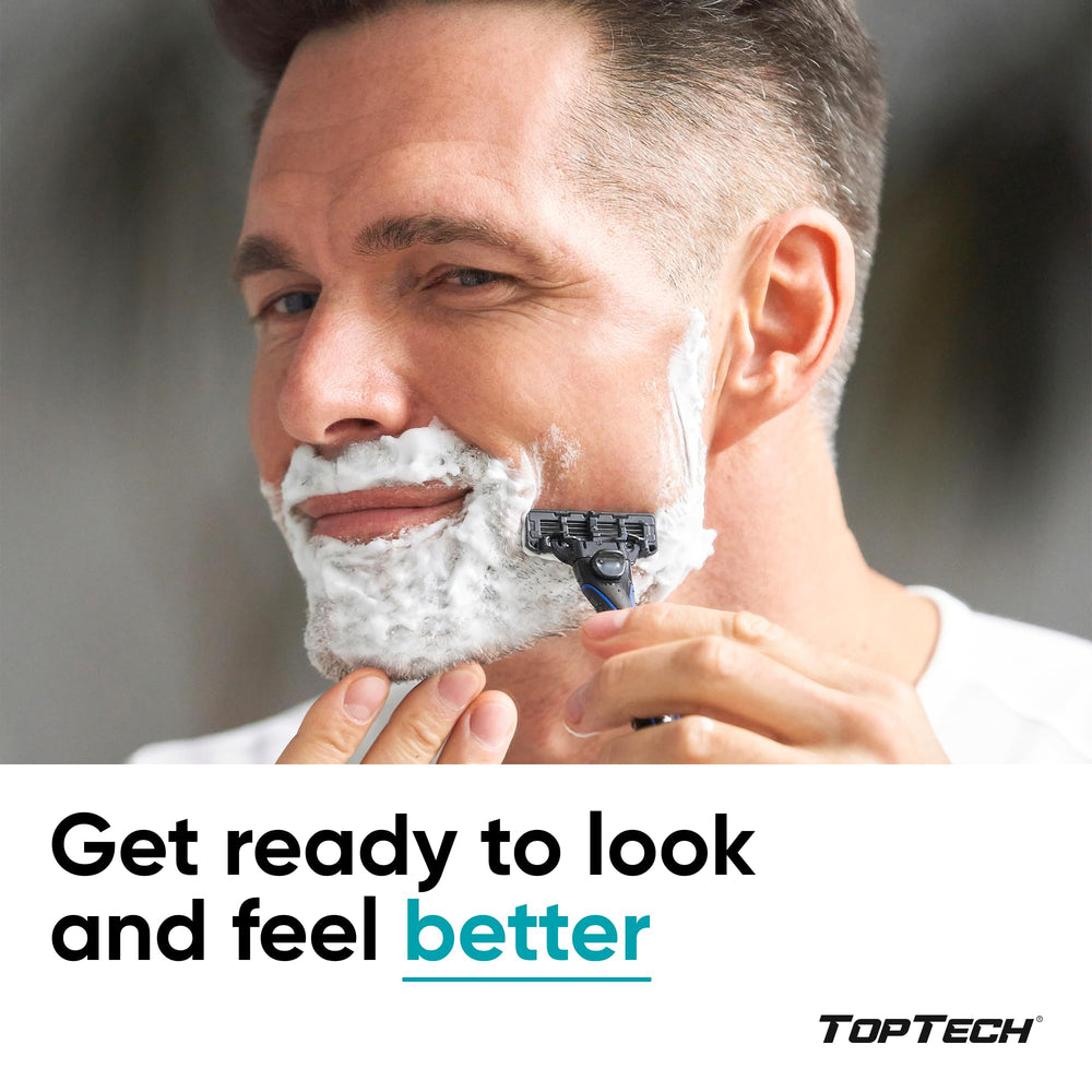 Toptech detalle de las tres cuchillas enfocadas, filo afilado para afeitado eficiente