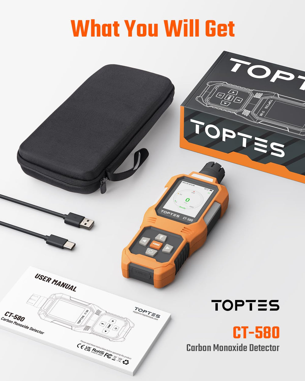 TOPTES CT-580 in camping setting showing real-world CO monitoring and safety