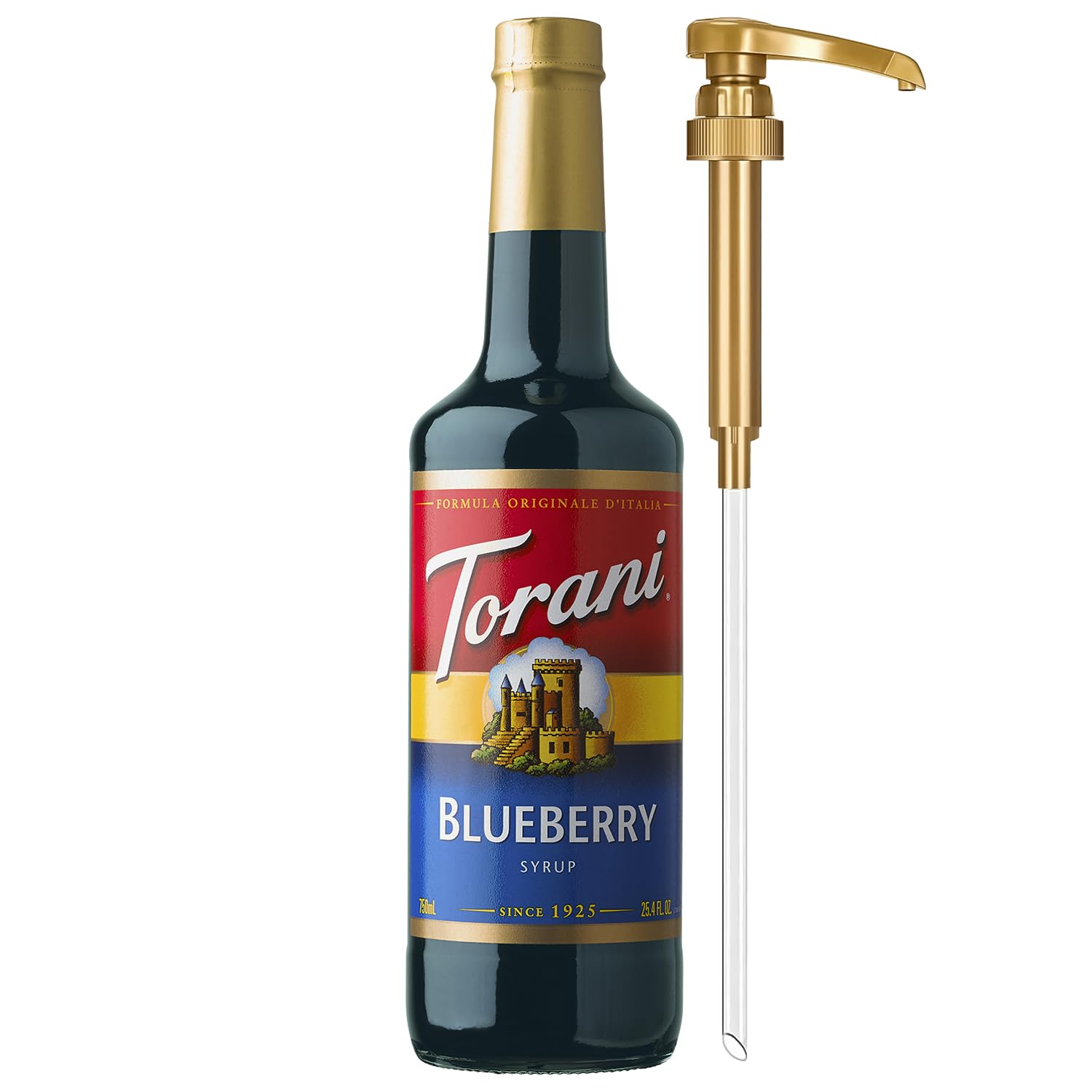 Torani botella frontal arándano mostrando etiqueta y capacidad, ideal para cafés