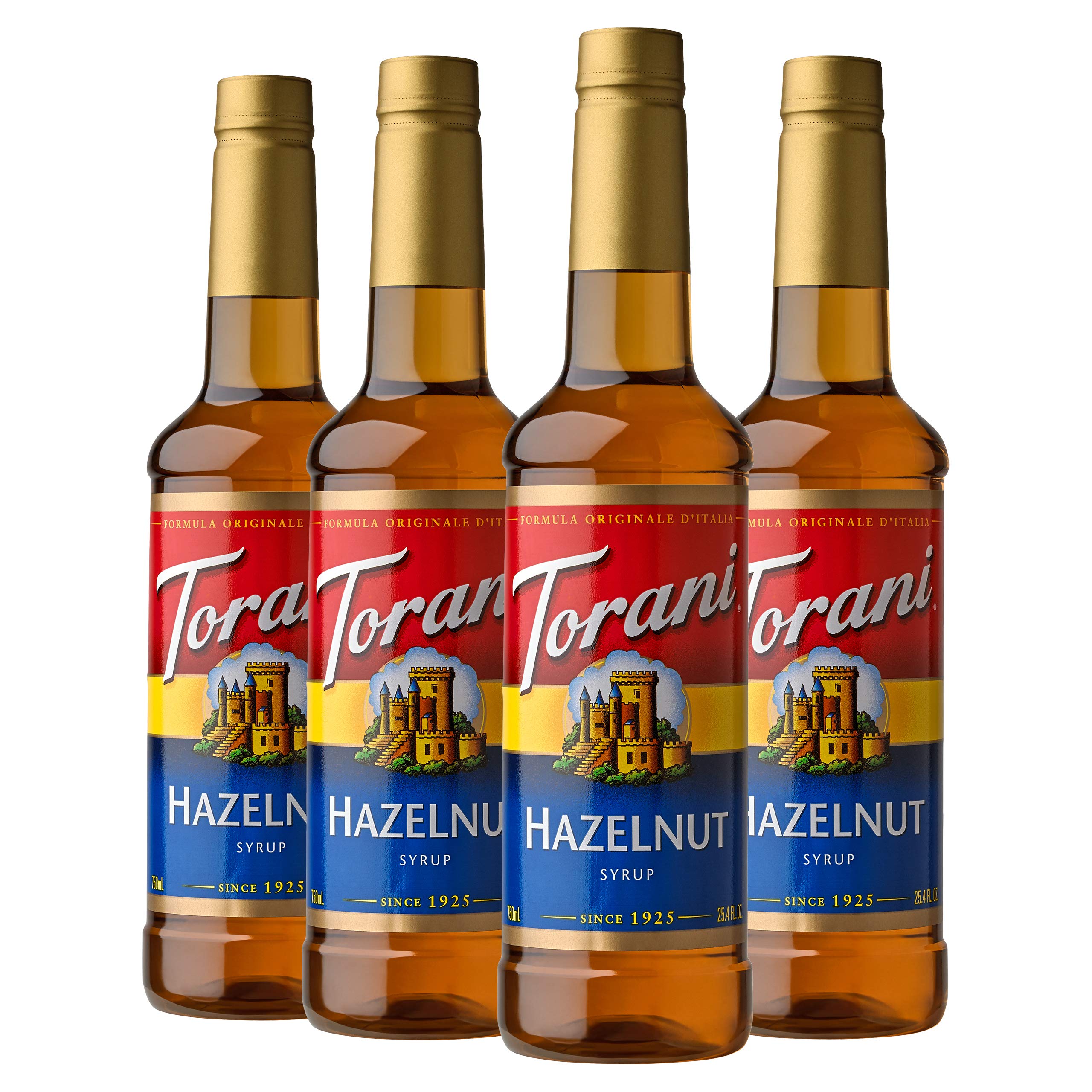 Torani jarabe avellana frente pack mostrando botella y etiqueta, mejora el sabor