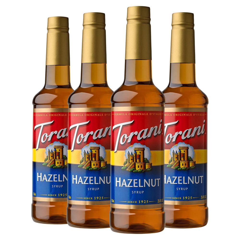 Torani jarabe avellana frente pack mostrando botella y etiqueta, mejora el sabor