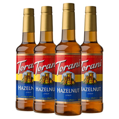 Torani jarabe avellana frente pack mostrando botella y etiqueta, mejora el sabor