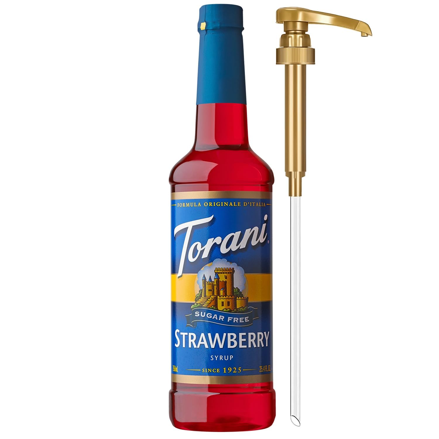 Torani botella frontal mostrando etiqueta y volumen, fácil identificación