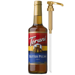 Torani botella frontal mostrando etiqueta y sabor butter pecan, perfecta para baristas