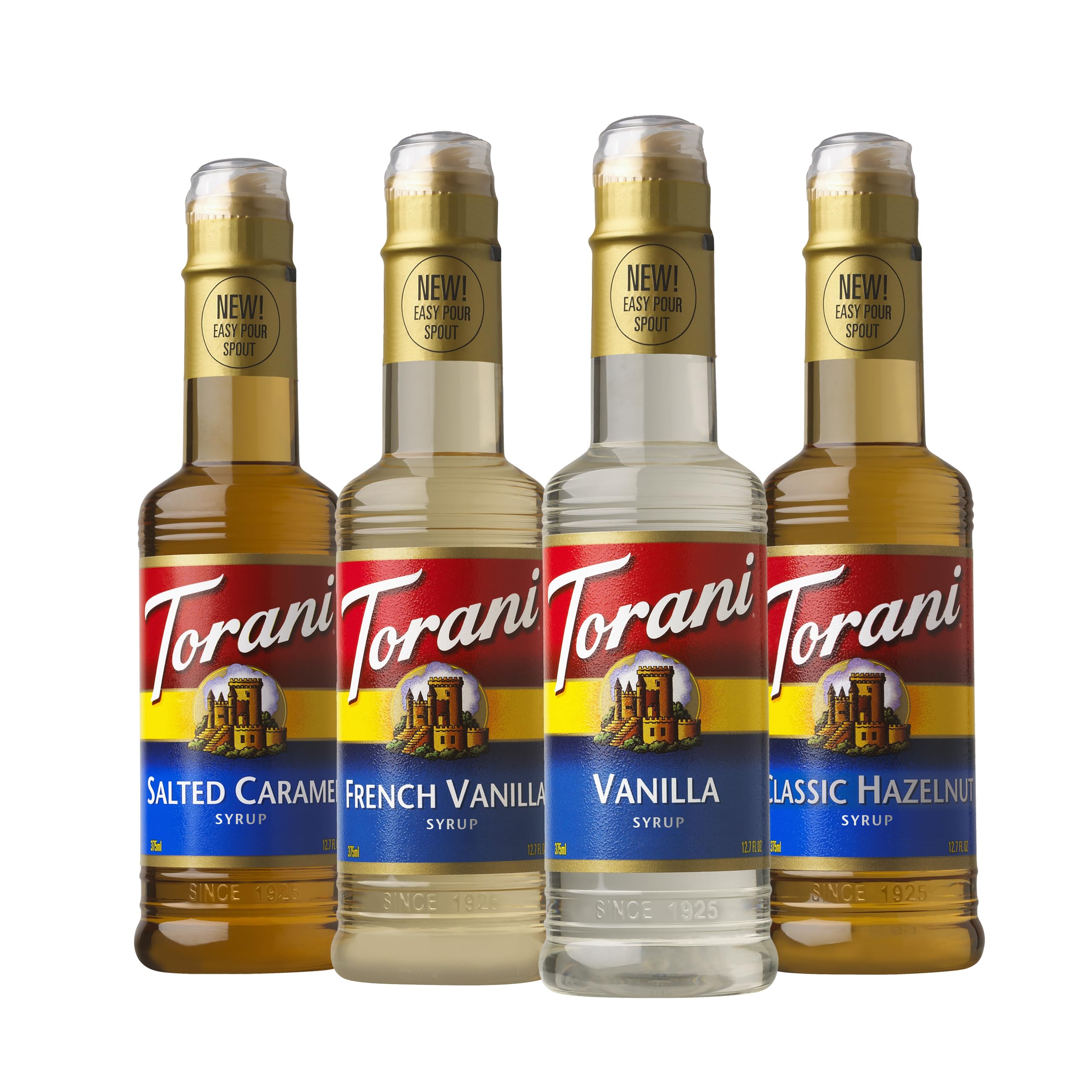 Torani pack frontal con cuatro botellas mostrando sabores y uso en cafés caseros