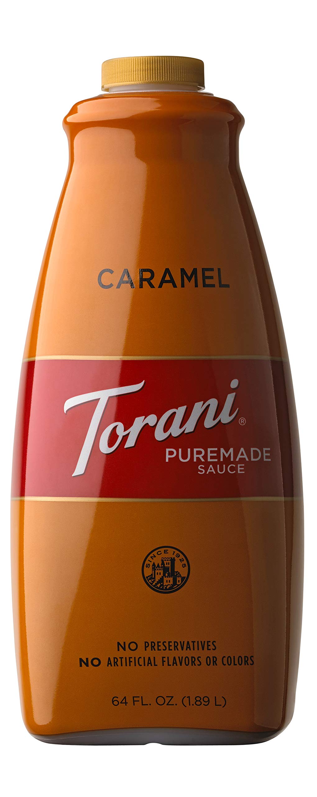 Torani salsa de caramelo frente del envase, presentación grande y práctica