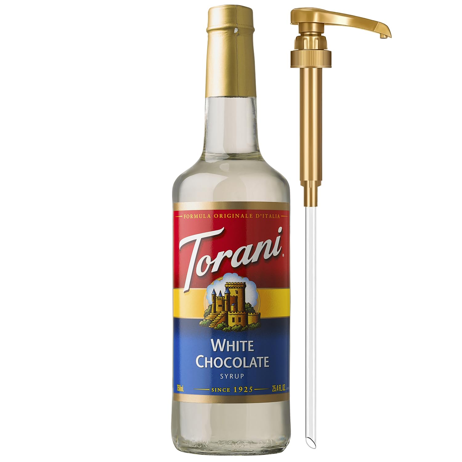 Torani botella frontal con sirope chocolate blanco, presentación profesional