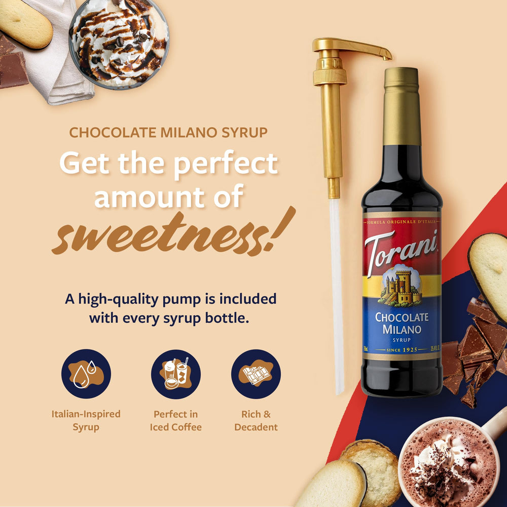 Torani goteo del jarabe Chocolate Milano mostrando textura viscosa para mezclas fáciles