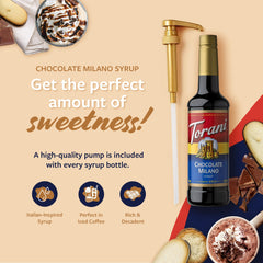 Torani goteo del jarabe Chocolate Milano mostrando textura viscosa para mezclas fáciles