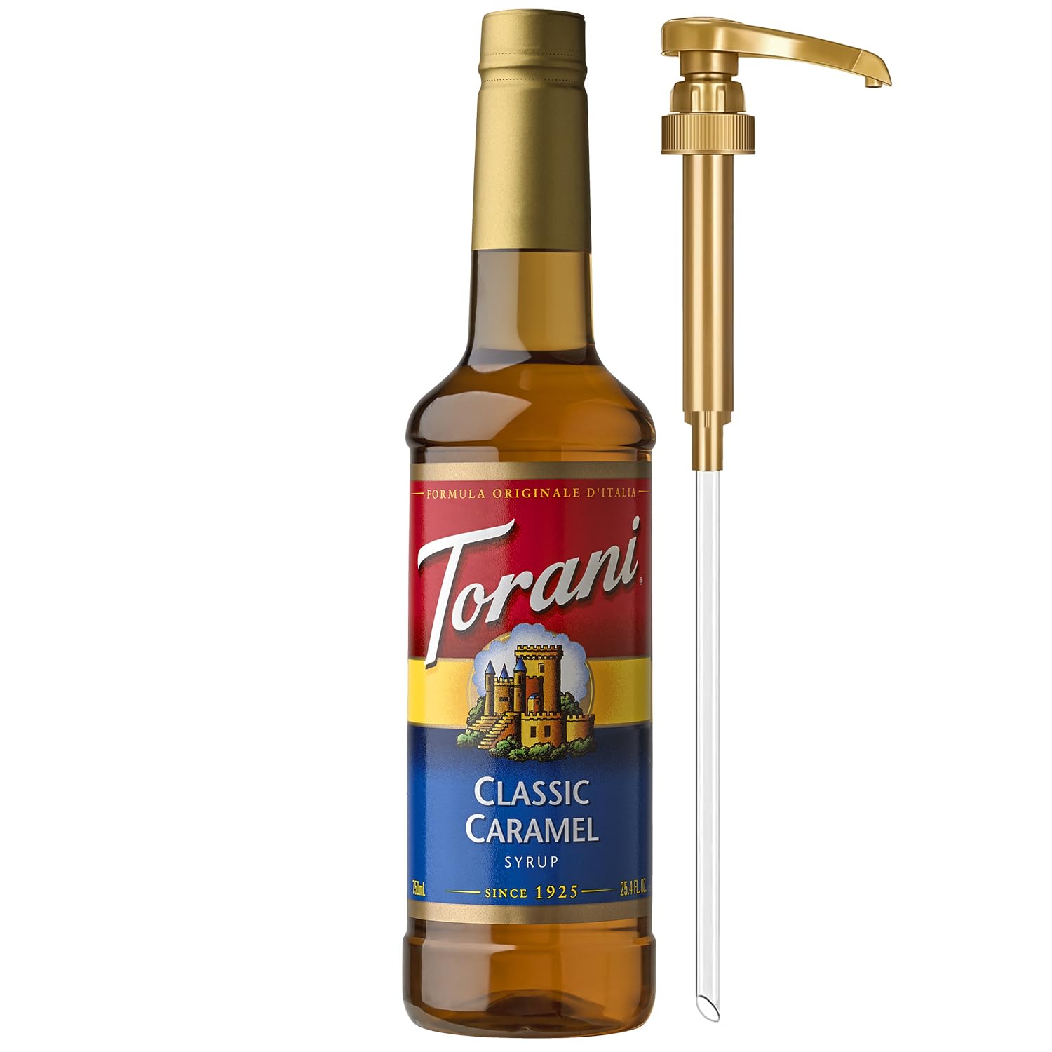 Torani botella frontal Classic Caramel mostrando marca y volumen útil
