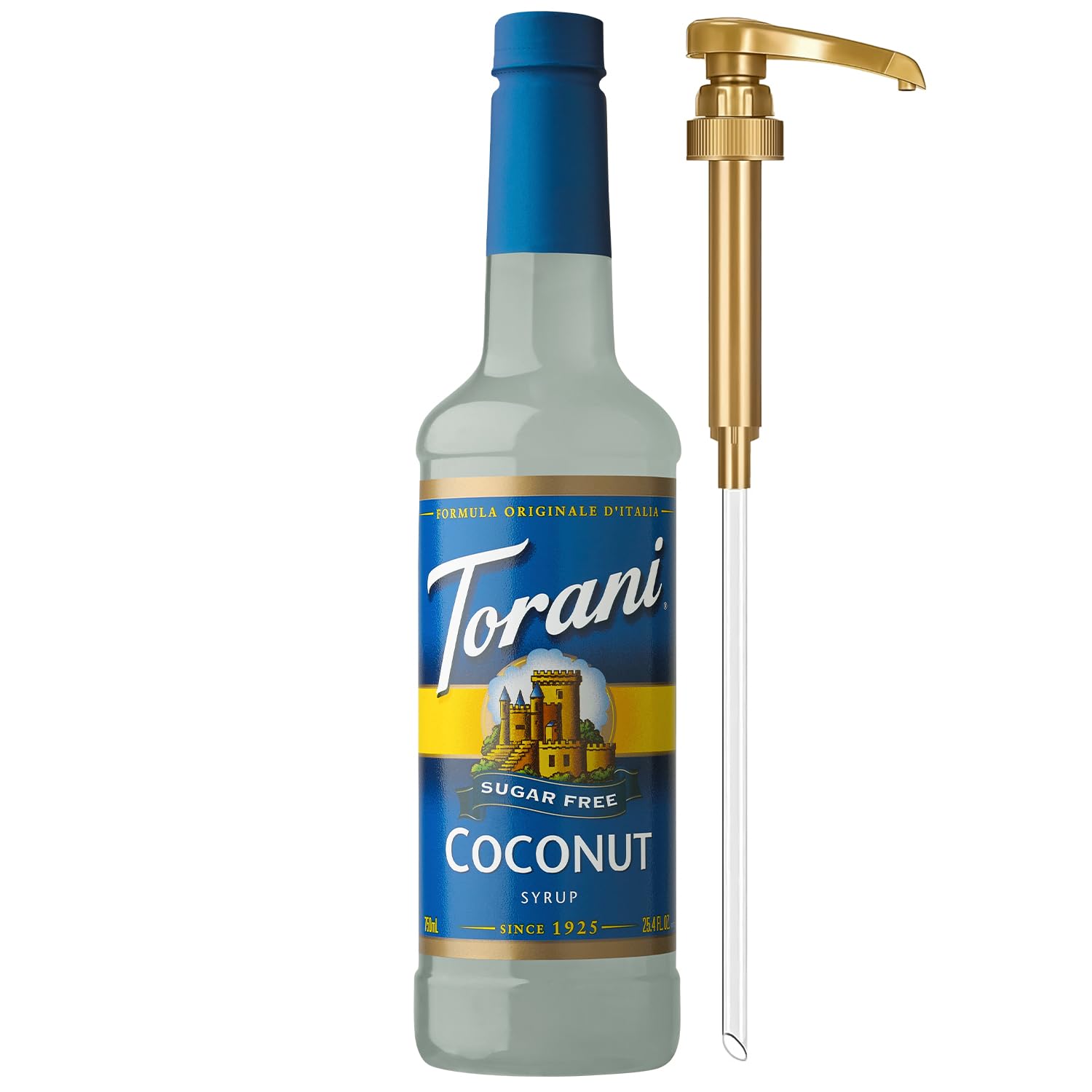 Torani botella frontal sabor coco mostrando etiqueta y tamaño 750 ml, ideal para saborizar bebidas