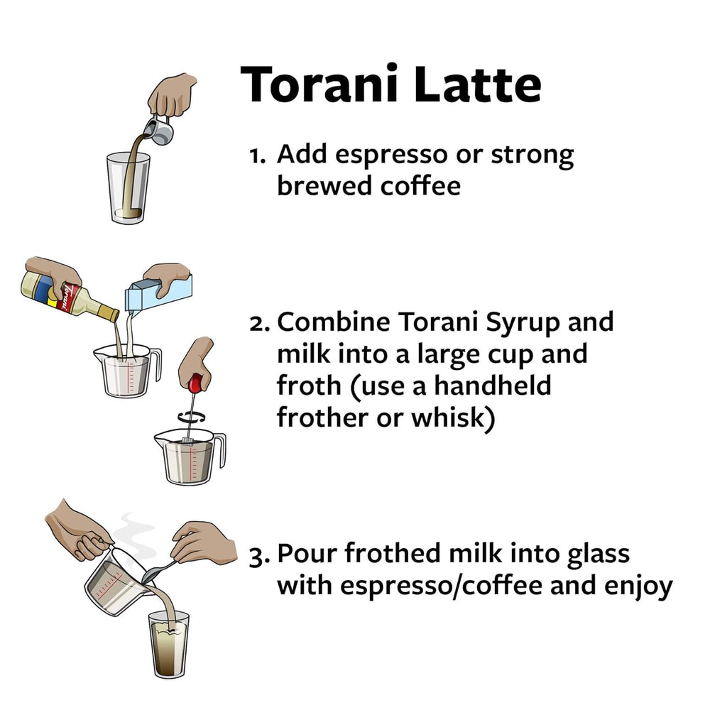 Comparación de tamaño Torani 25.4 fl oz junto a taza para visualizar rendimiento