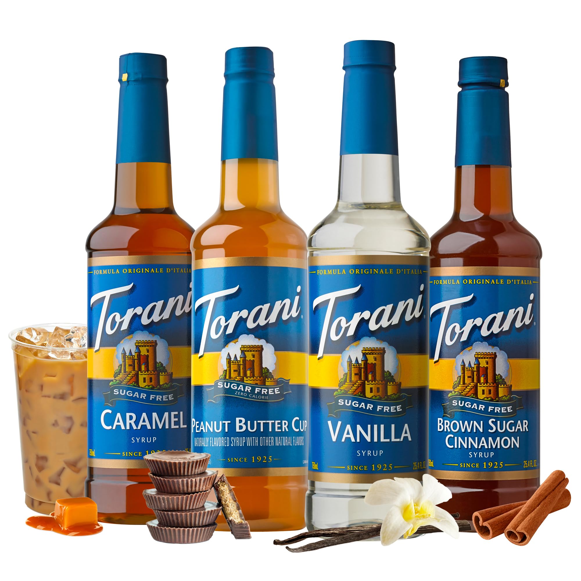 Primer plano etiqueta Torani Brown Sugar Cinnamon resaltando aroma auténtico sin azúcar