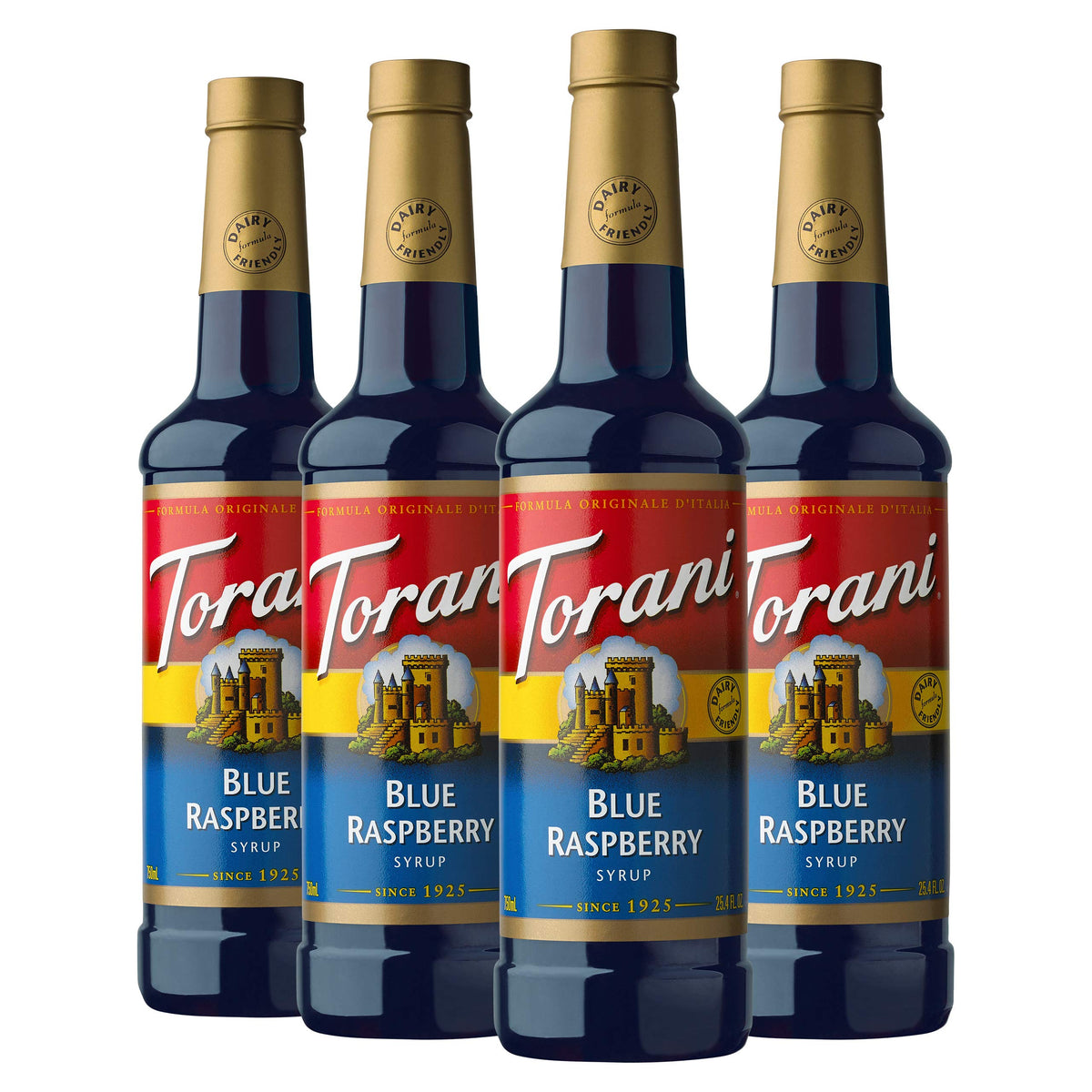 Torani frambuesa azul botella frontal, visibilidad de marca y uso profesional