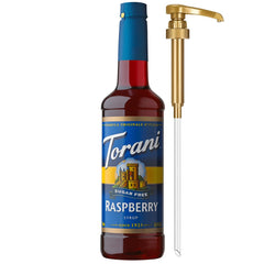 Torani botella frontal frambuesa mostrando diseño y volumen práctico