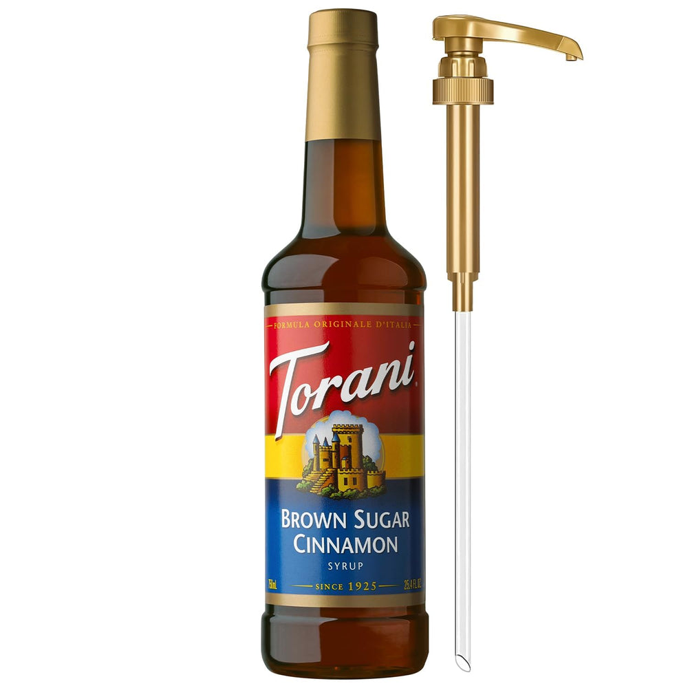 Torani botella frontal azúcar moreno y canela, aspecto claro y profesional