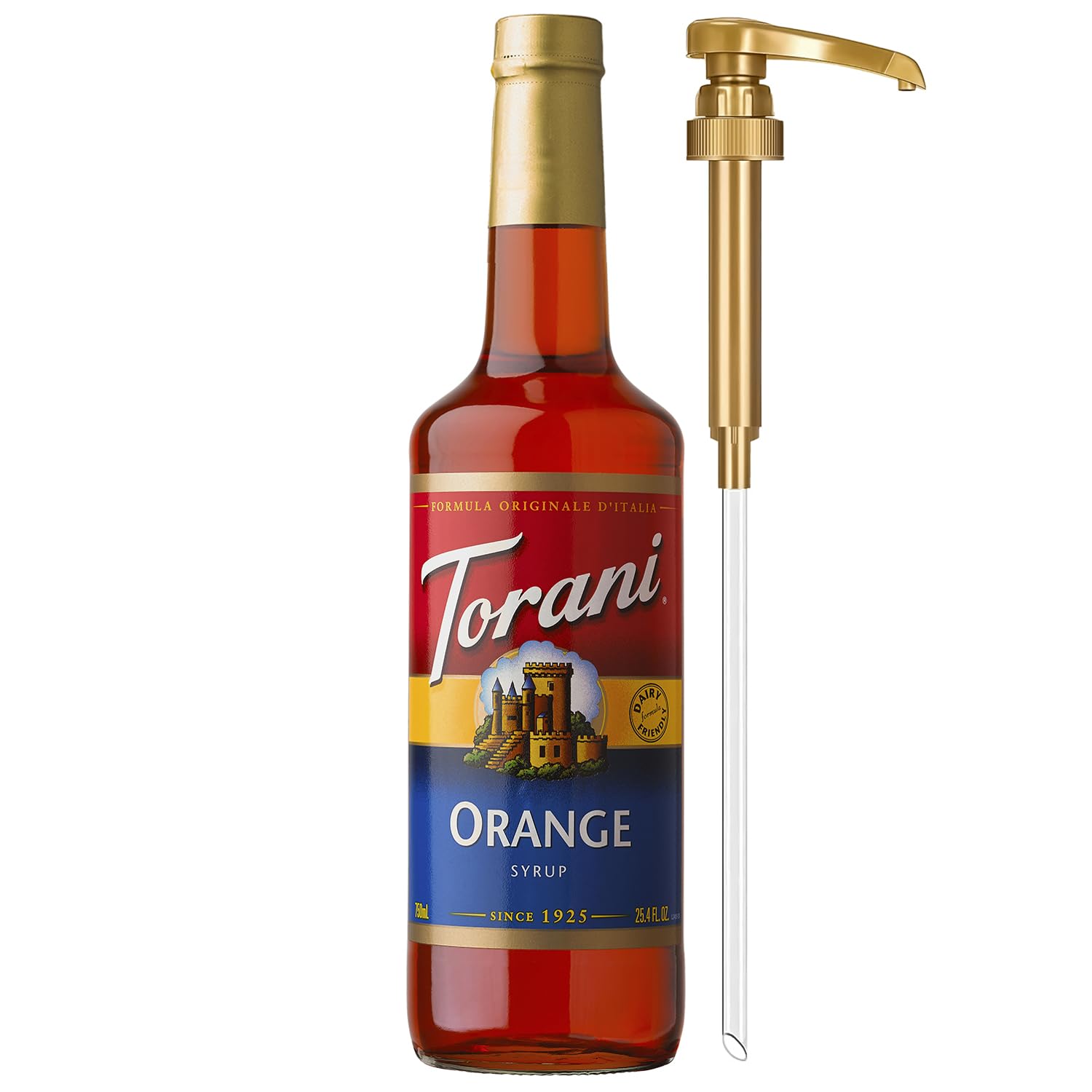 Torani vista frontal de botella de naranja con bomba, uso profesional