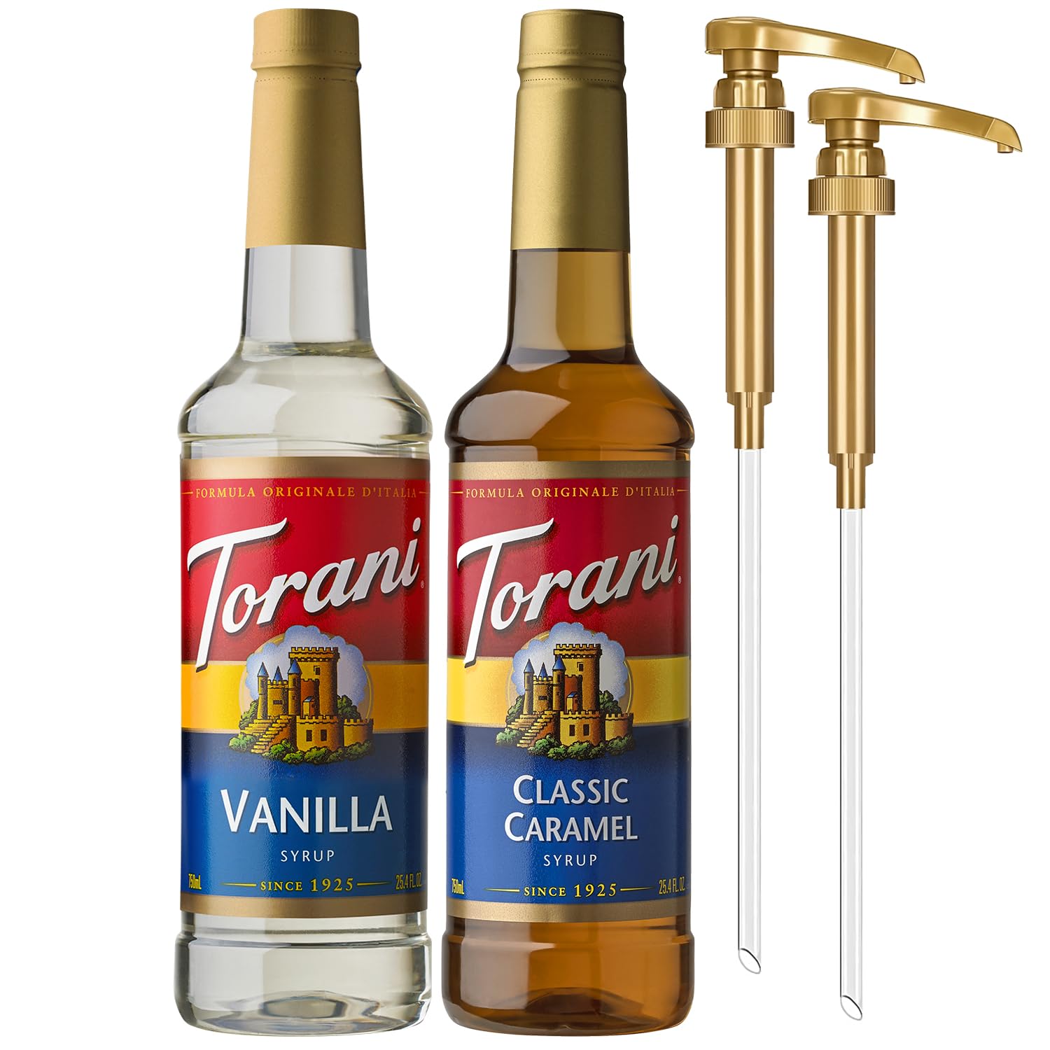 Torani pack frontal con botellas de vainilla y caramelo, presentación práctica