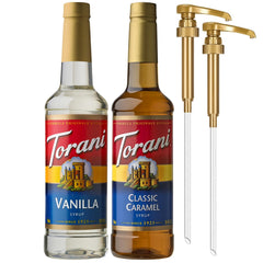 Torani pack frontal con botellas de vainilla y caramelo, presentación práctica