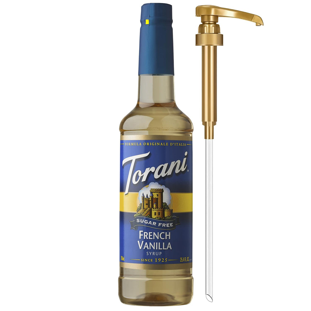 Torani jarabe French Vanilla frontal mostrando botella y beneficios
