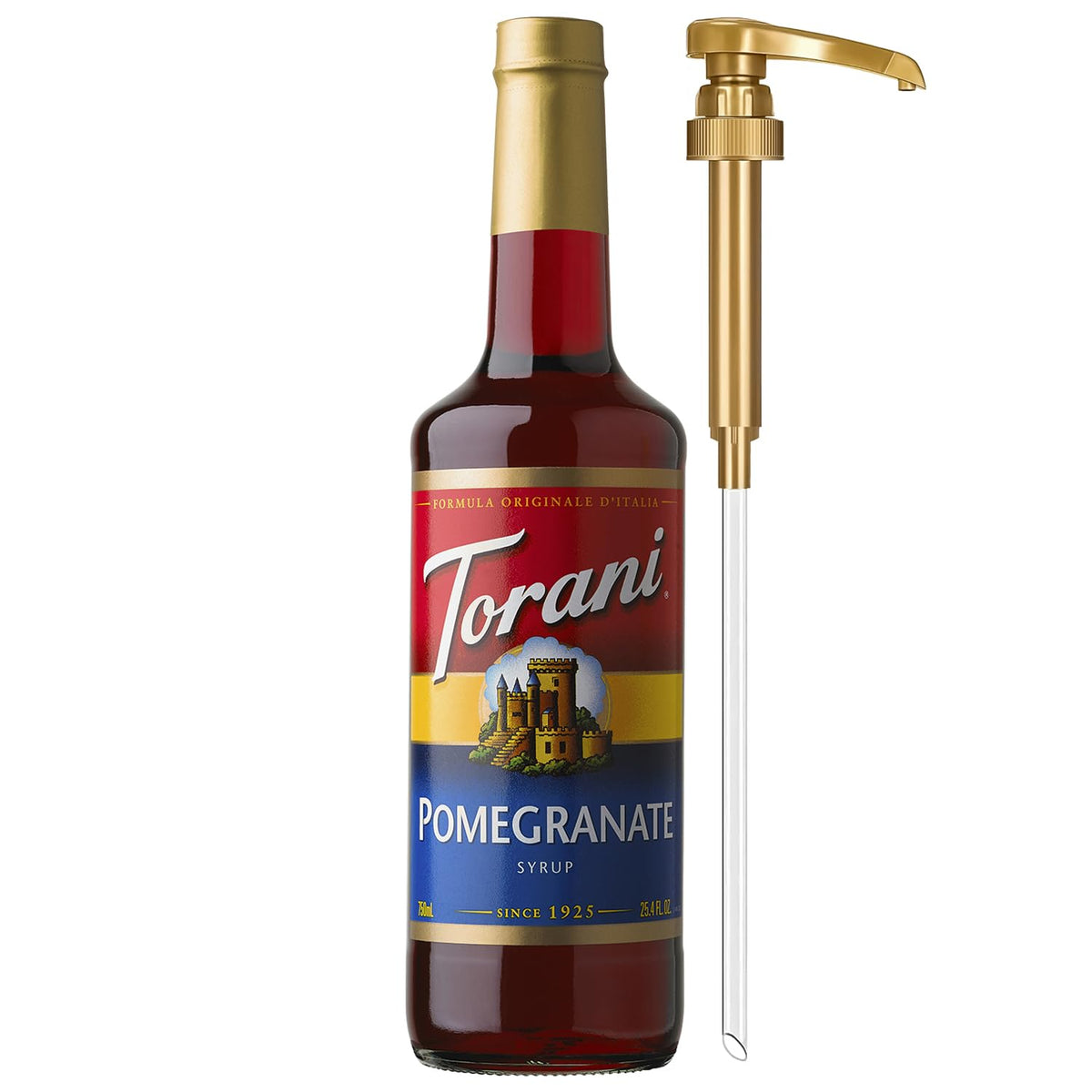 Botella Torani Granadina 750 ml vista frontal para presentación profesional