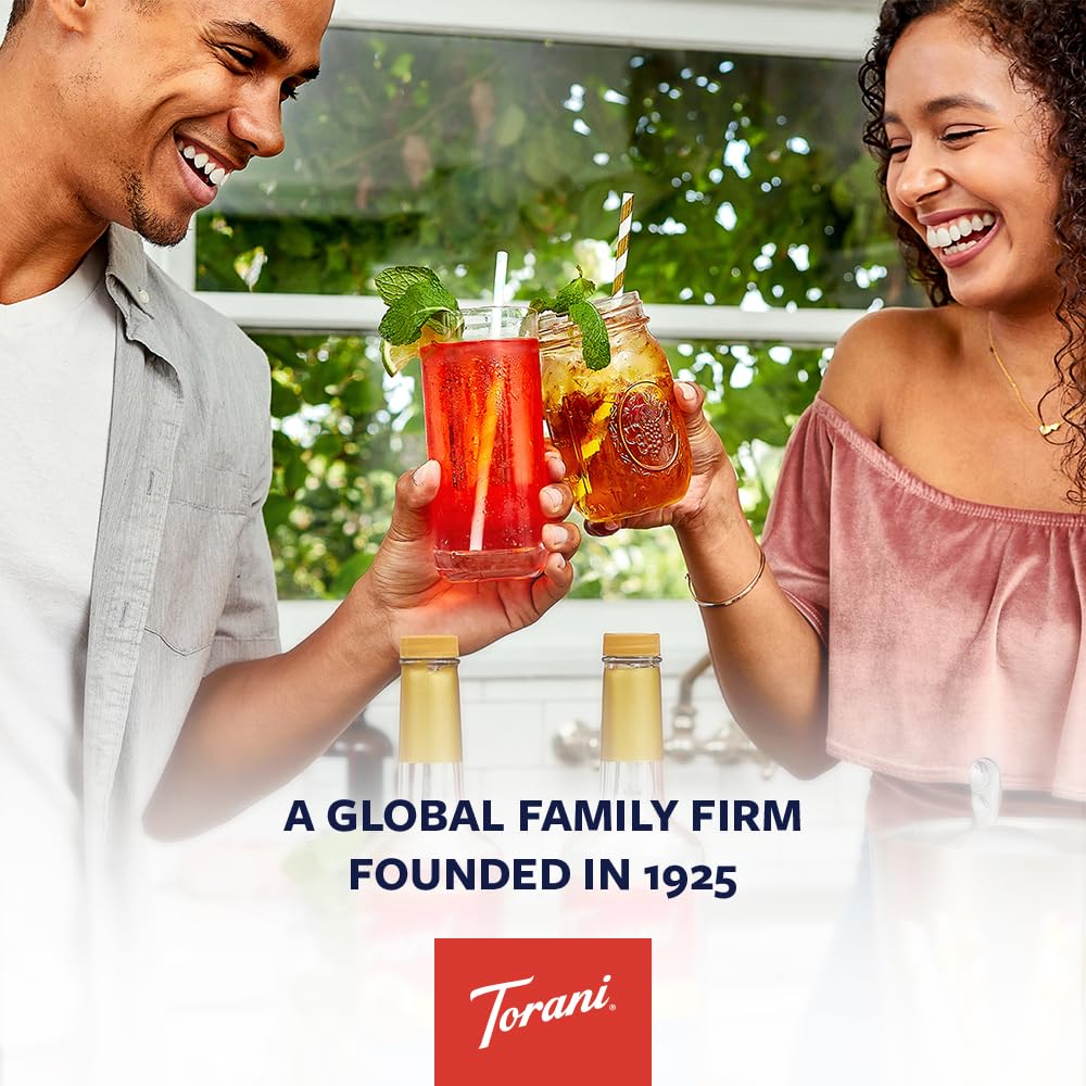 Torani syrup on café counter illustrating versatile use and presentation