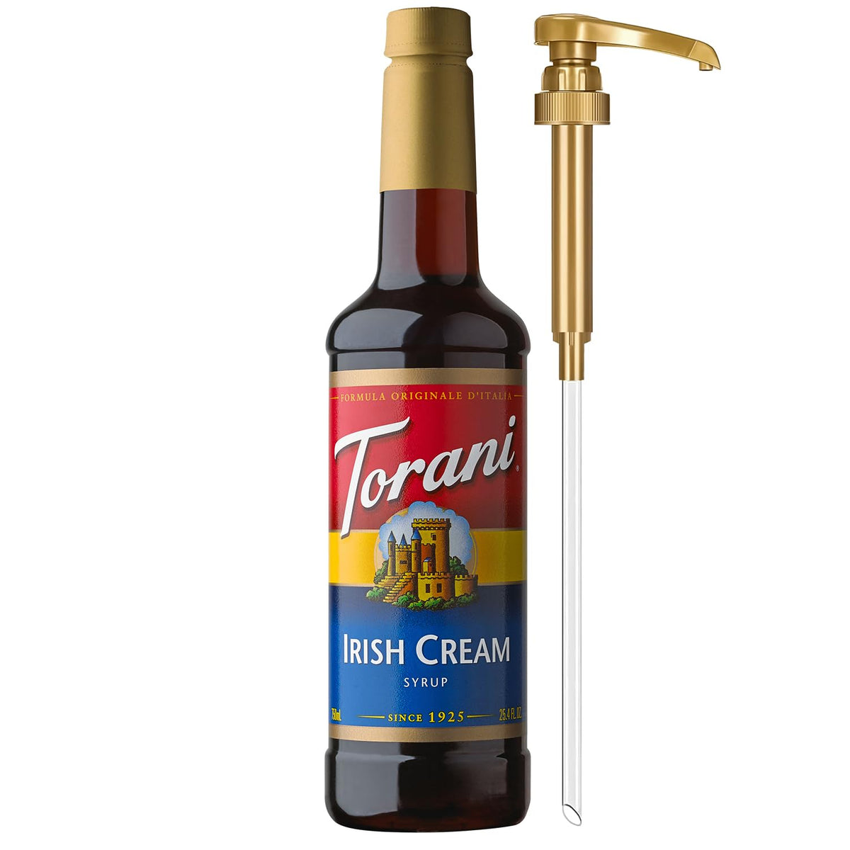 Torani botella frontal mostrando etiqueta del sabor Irish Cream y tamaño conveniente