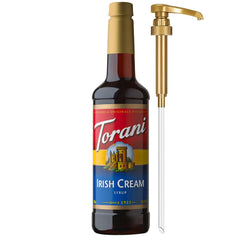 Torani botella frontal mostrando etiqueta del sabor Irish Cream y tamaño conveniente