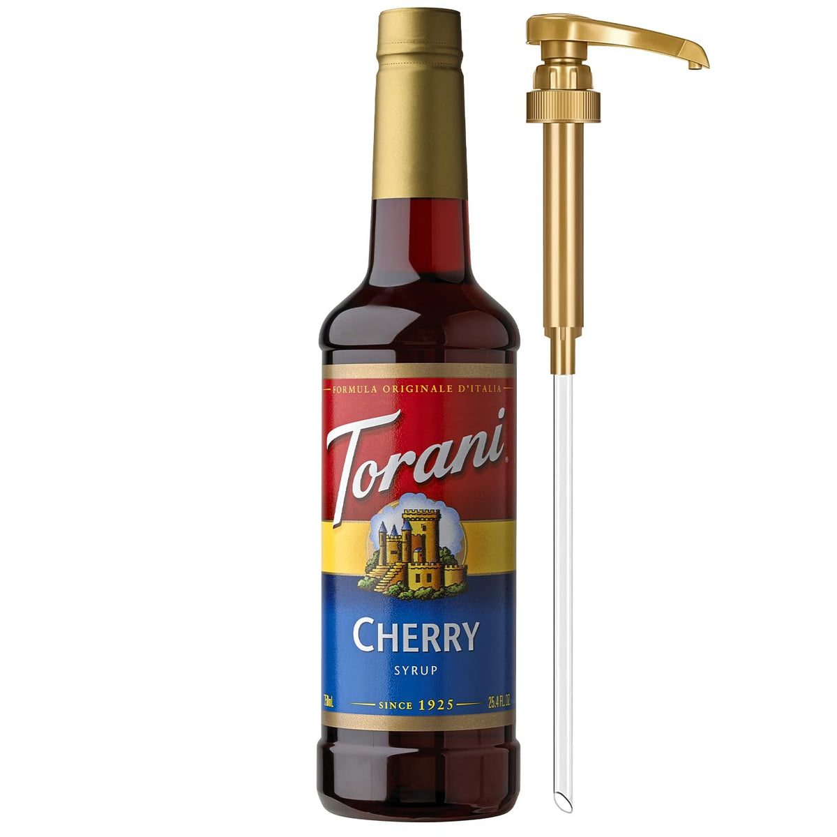 Torani jarabe de cereza frente mostrando botella y beneficio de porcionado