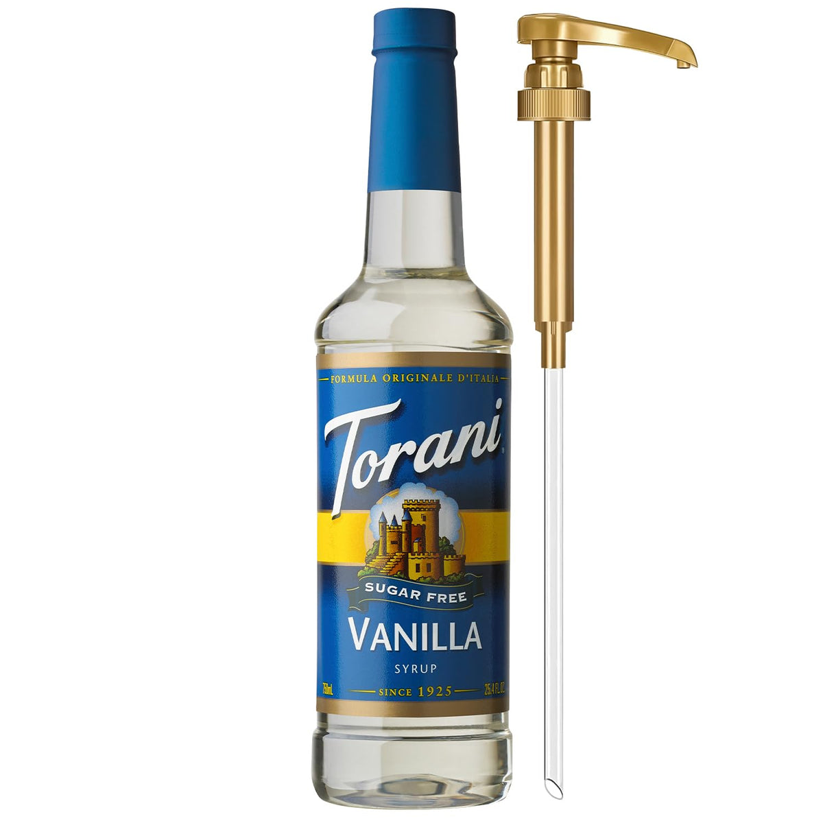 Botella Torani Sugar-Free Vanilla frontal mostrando la etiqueta y el tamaño práctico