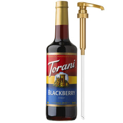 Torani jarabe de zarzamora vista frontal mostrando botella y dosificador