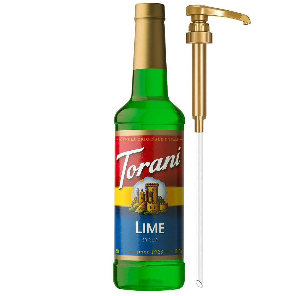 Torani botella frontal mostrando el sirope de lima y su presentación premium