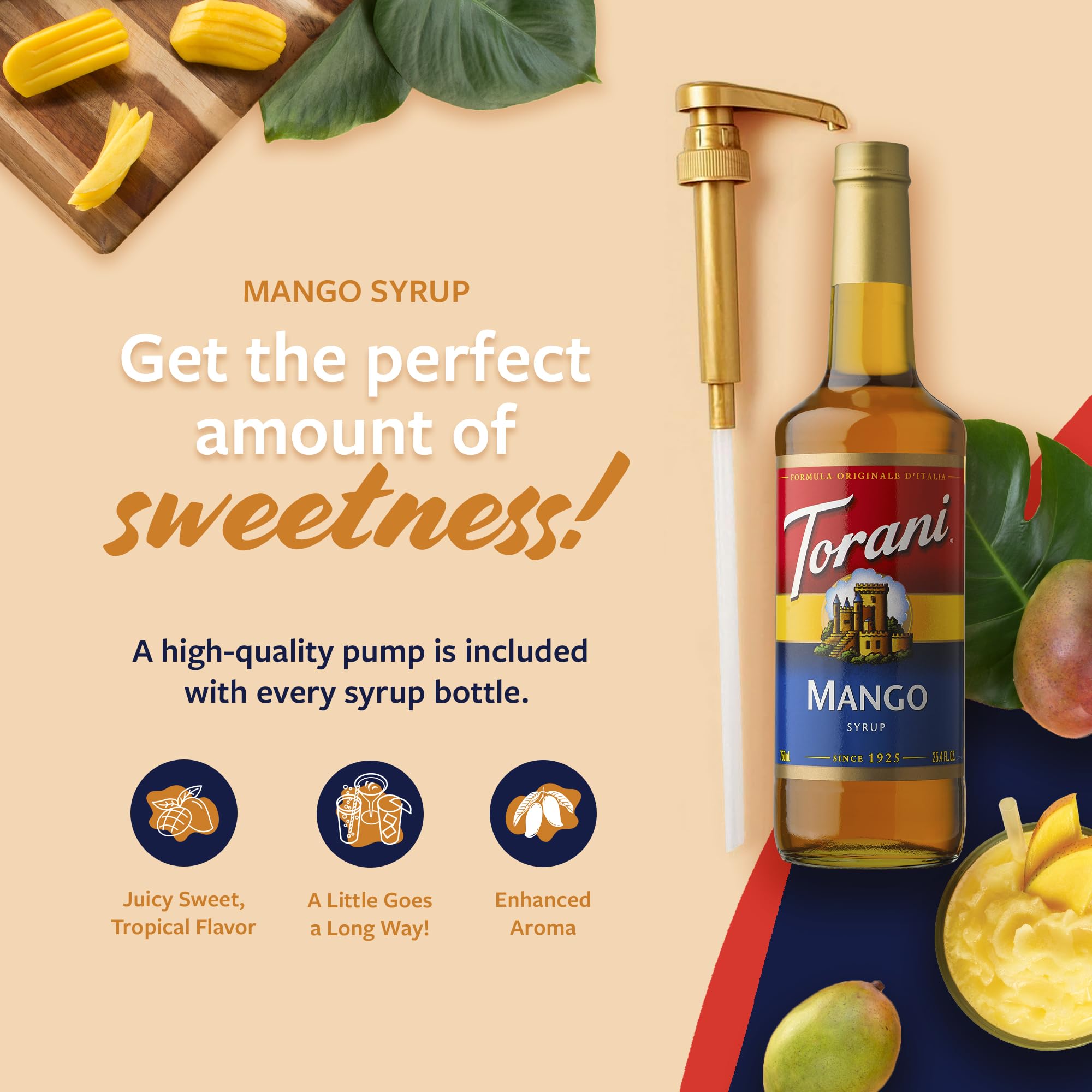 Primer plano del jarabe Torani Mango mostrando textura líquida y brillo apetecible