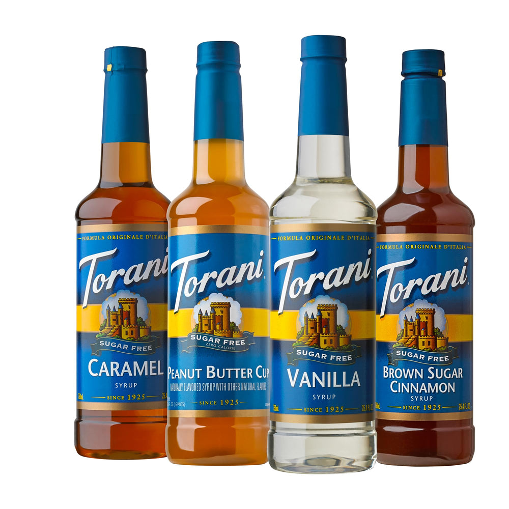 Torani pack frontal con cuatro botellas Sugar Free mostrando variedad de sabores y ahorro