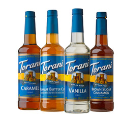 Torani pack frontal con cuatro botellas Sugar Free mostrando variedad de sabores y ahorro