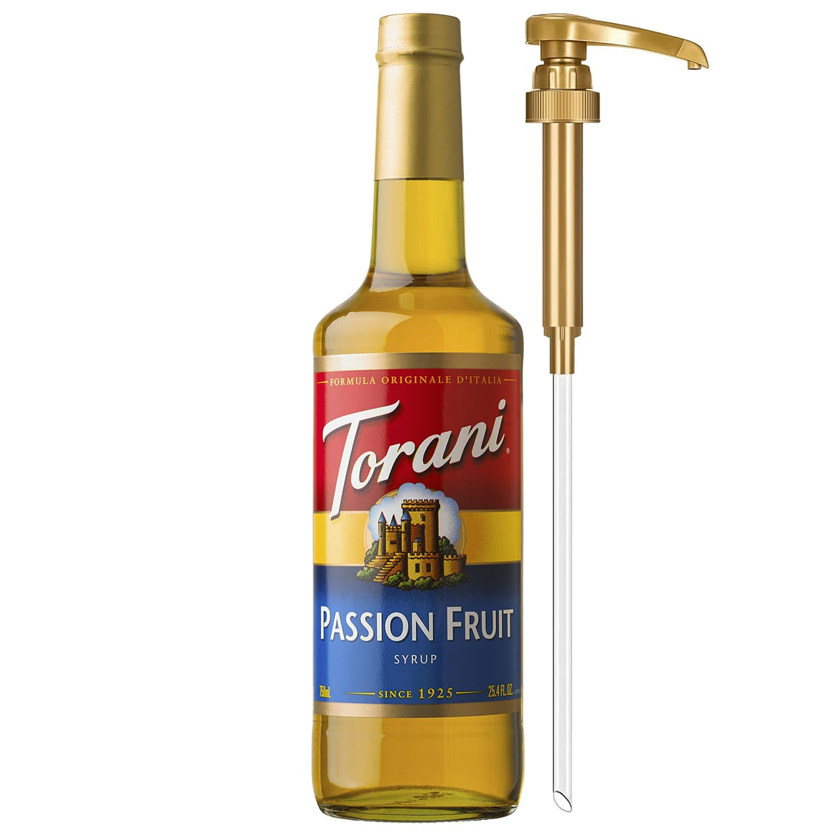Torani botella frontal mostrando el sirope de maracuyá y presentación práctica
