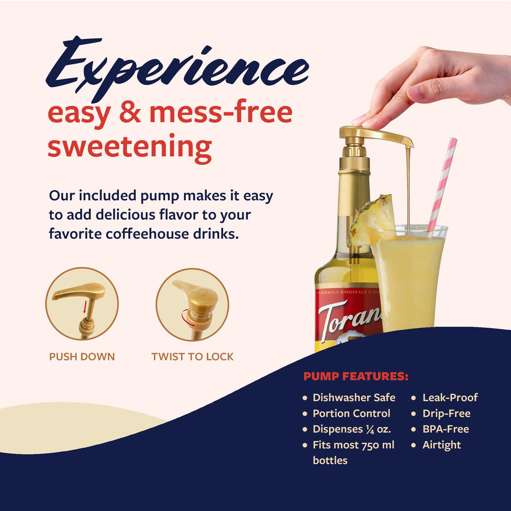 Comparación de tamaño Torani 750 ml junto a un vaso para referencia práctica