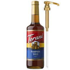 Torani botella frontal mostrando etiqueta y contenido, aporta sabor otoñal