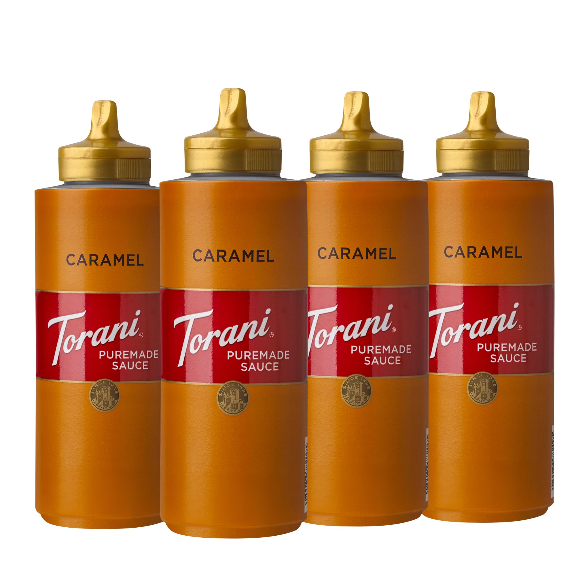 Torani botella frontal mostrando salsa de caramelo, atractivo visual y uso fácil