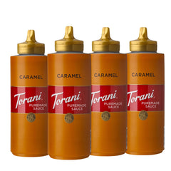 Torani botella frontal mostrando salsa de caramelo, atractivo visual y uso fácil
