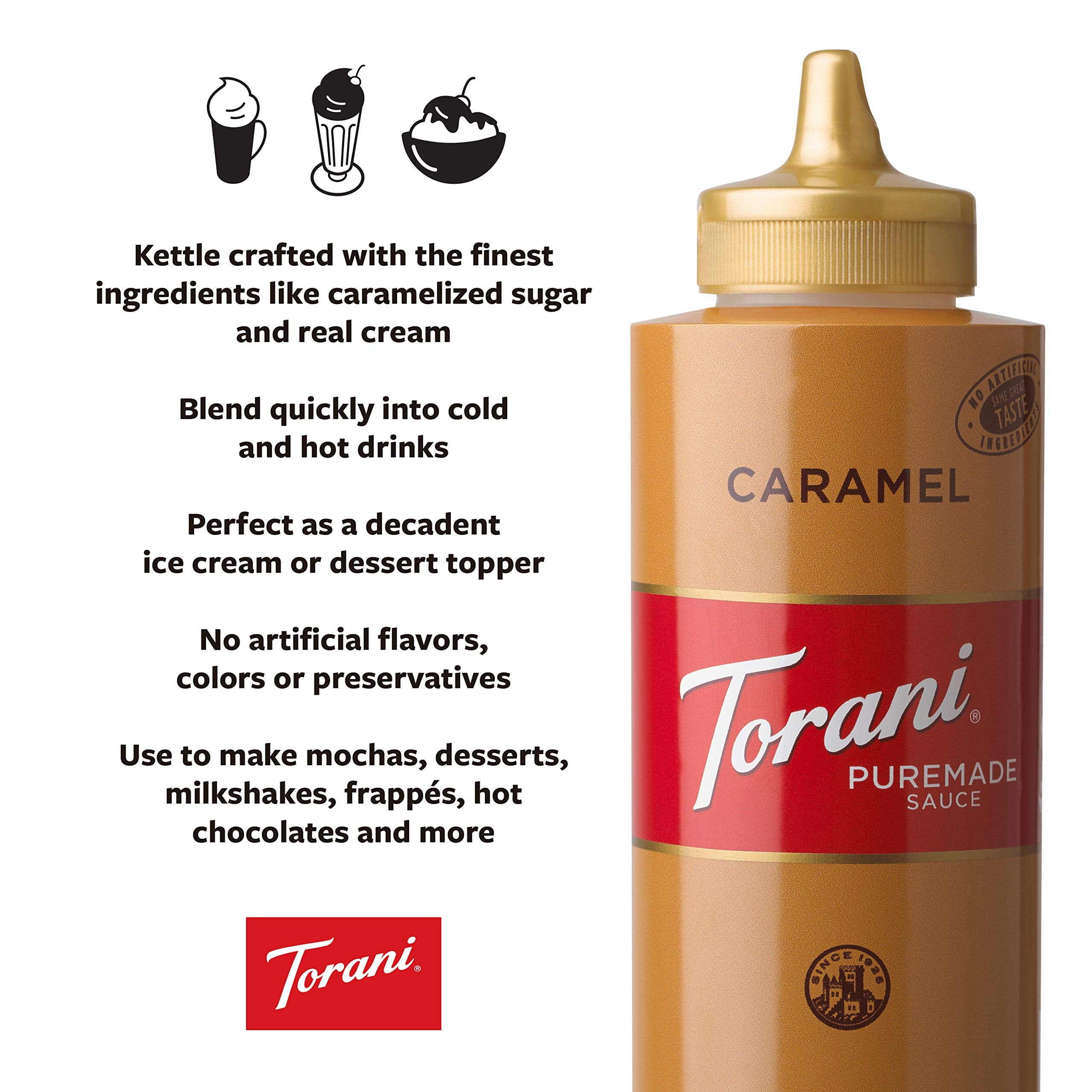 Torani goteo de caramelo sobre postre realzando presentación y sabor