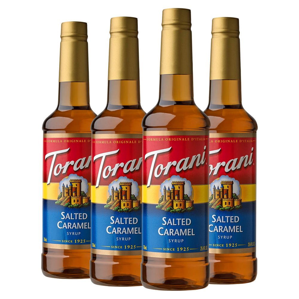 Torani frente pack de cuatro botellas mostrando presentación y tamaño
