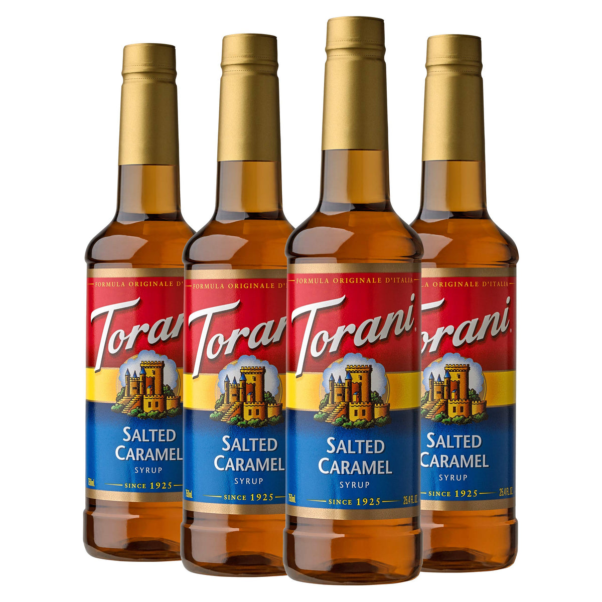 Torani frente pack de cuatro botellas mostrando presentación y tamaño
